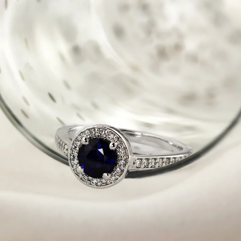 Ladies gemstone solitaire engagement rings-Auriya Platinum 3/4ct Blue Sapphire Halo Diamond Engagement Ring 1/3cttw