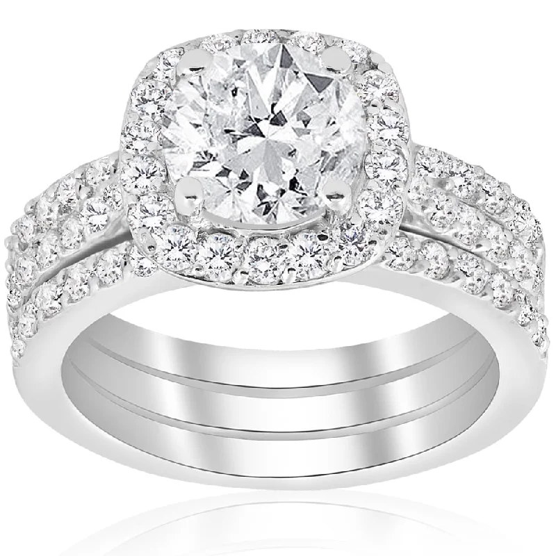 Ladies elegant vintage engagement rings-14k White Gold 2 3/4 ct TDW Cushion Halo Diamond Engagement Clarity Enhanced Trio Wedding Ring Set - White H-I - White H-I