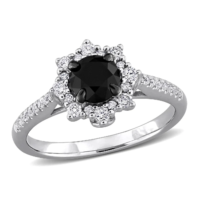 Ladies half-carat diamond engagement rings-Miadora 1 1/6ct TW Black White Diamond Halo Engagement Ring in 14k White Gold