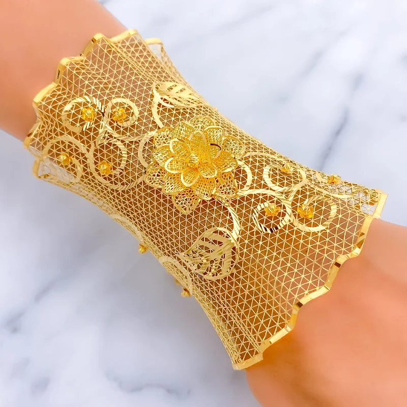 Ladies personalized bangle bracelets-Decadent Netted Floral Vine 21K Gold Bangle Bracelet