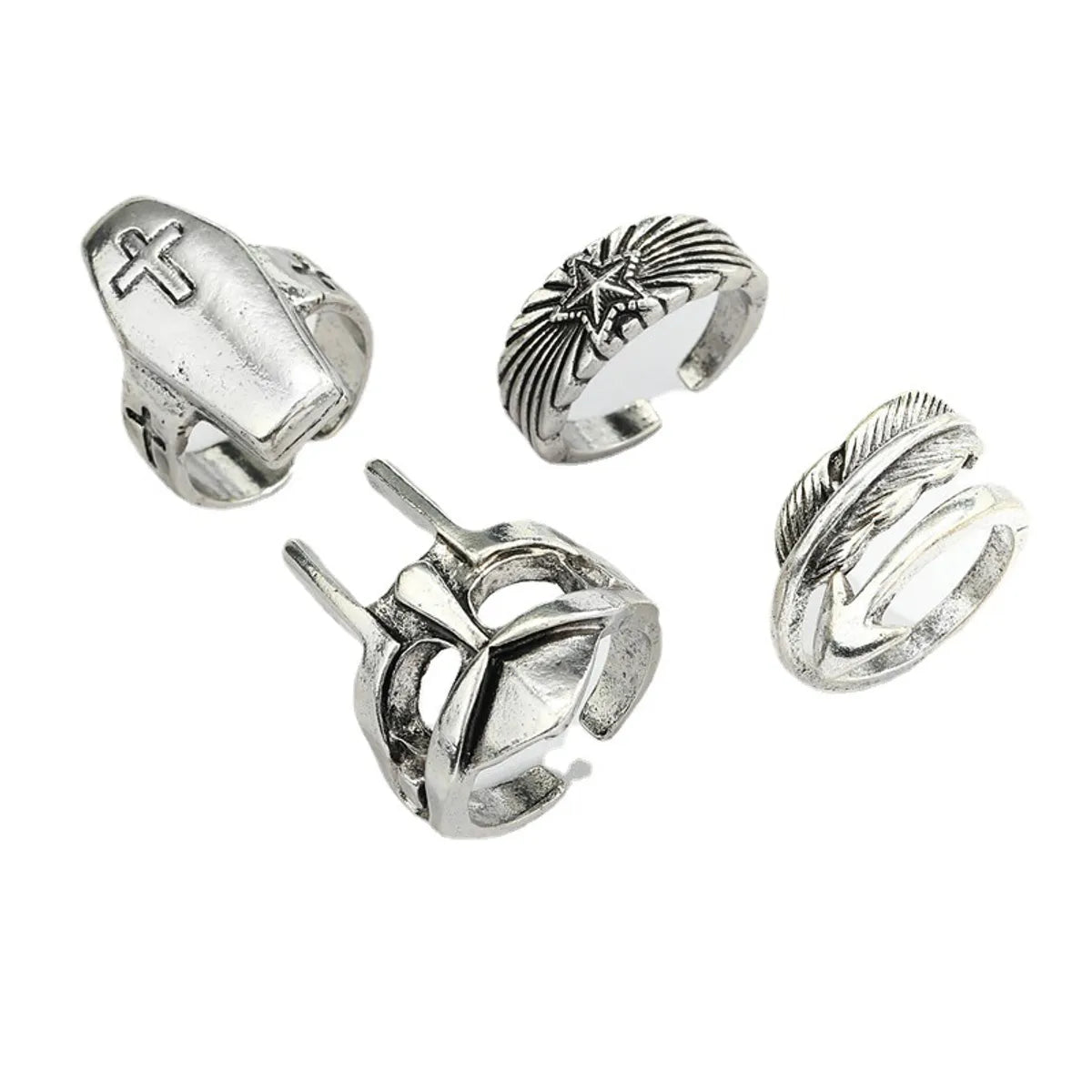 Ladies diamond wedding rings-New Trend Retro Cross Five-pointed Star Feather Ring Punk Hollow Mask Ring Cross-border