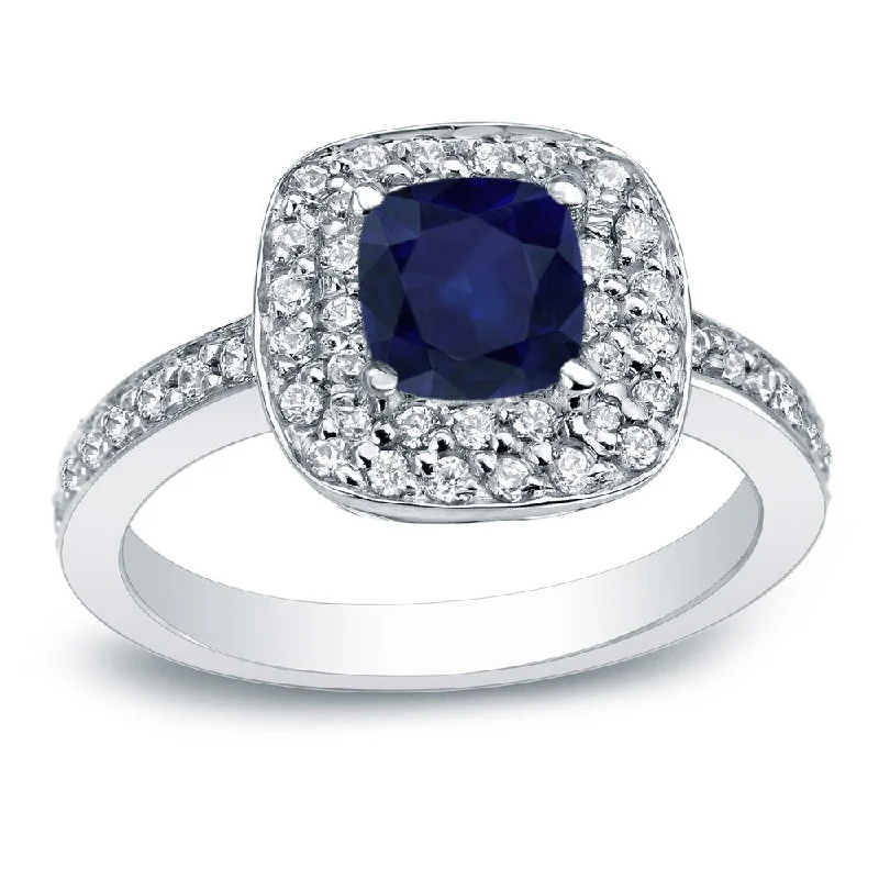 Ladies unique sapphire engagement rings-Auriya Platinum 3/4ct Cushion Blue Sapphire and 3/4ctw Halo Diamond Engagement Ring