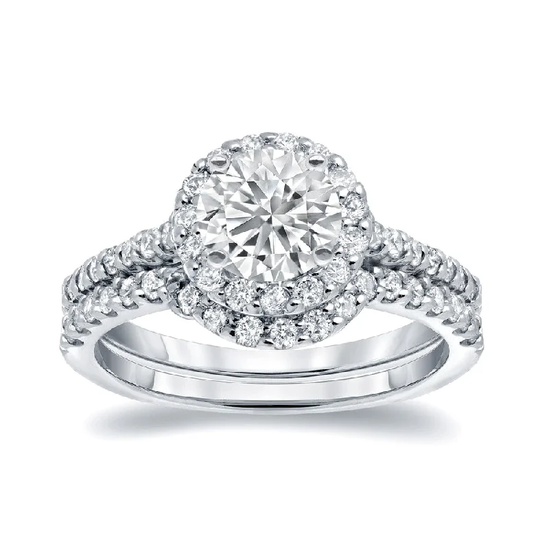 Ladies luxury engagement rings-Auriya Platinum 1 1/4ct TDW Round Halo Diamond Engagement Ring Set