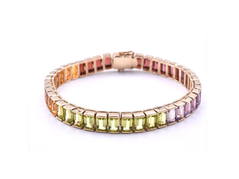 Ladies dainty bracelets-14k Yellow Gold Rainbow Multi Gemstone Tennis Bracelet