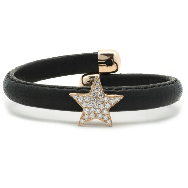 Ladies stackable bracelets-18 Karat Rose Gold Black Leather Diamond Solo Star Wrap Bracelet