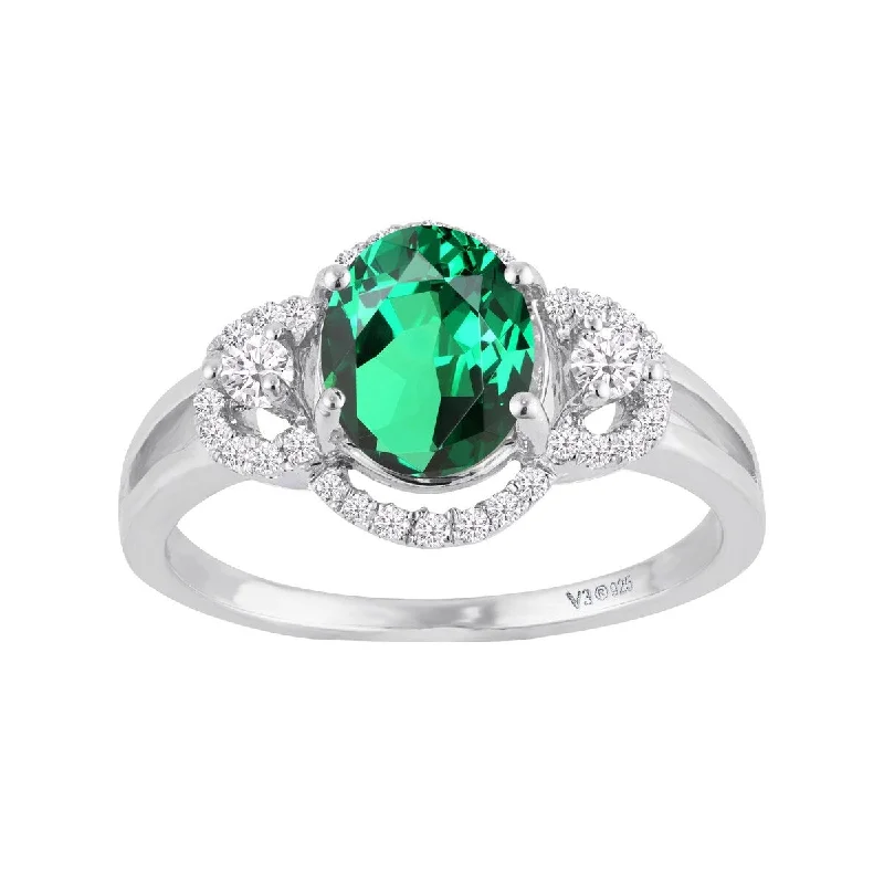 Ladies round cut diamond engagement rings-Sterling Silver with Emerald and White Zircon Engagement Ring