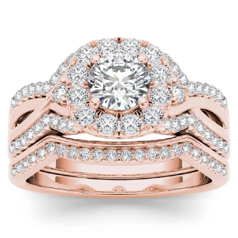 Ladies platinum three-stone engagement rings-De Couer 14k Rose Gold 1 1/4ct TDW Diamond Halo Engagement Ring Set with One Band