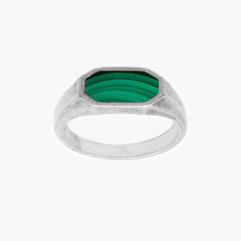 Ladies sterling silver gemstone rings-Octagon Signet Ring With Malachite Stone