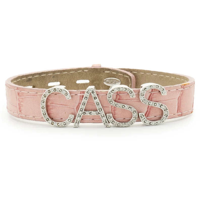 Ladies sterling silver bracelets-Effy 14 Karat White Gold Diamond Charm Bracelet “CASS” on Pink Leather