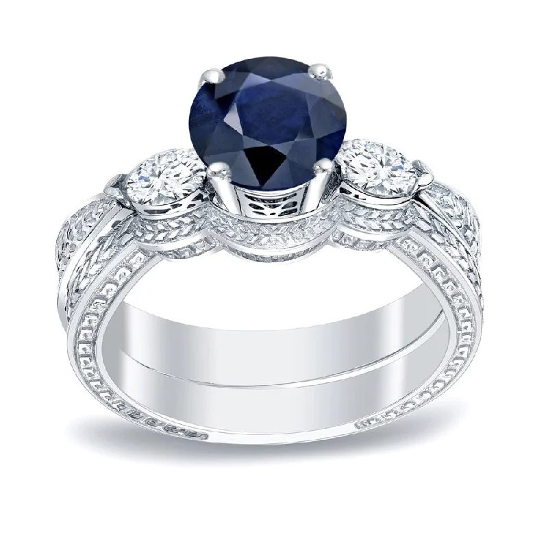 Ladies gemstone engagement rings-Auriya Platinum 1/2ct Vintage Sapphire & 3-Stone Diamond Engagement Ring Set 1/3ctw