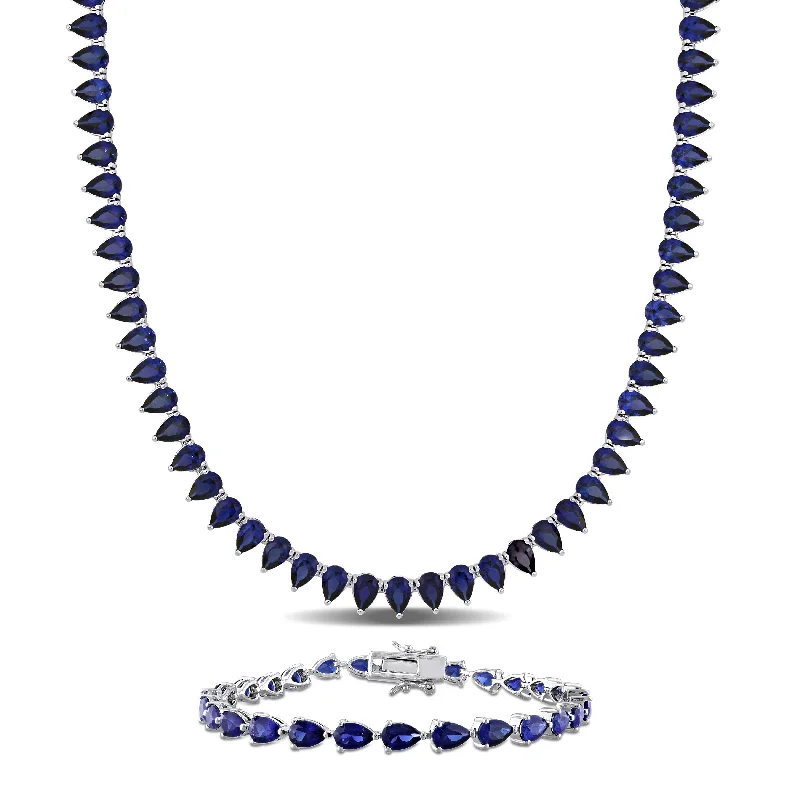 Ladies designer bracelets-Miadora 58ct TGW Created Blue Sapphire Tennis Necklace and Bracelet Sterling Silver-18 + 7.25 in