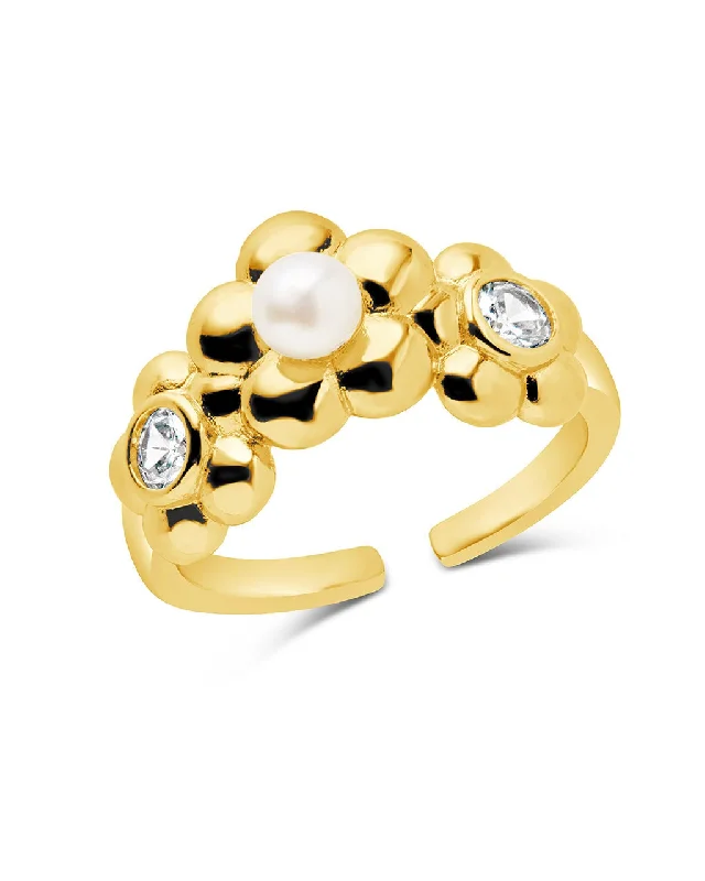 Ladies classic rings-June CZ & Pearl Blossom Open Band Ring