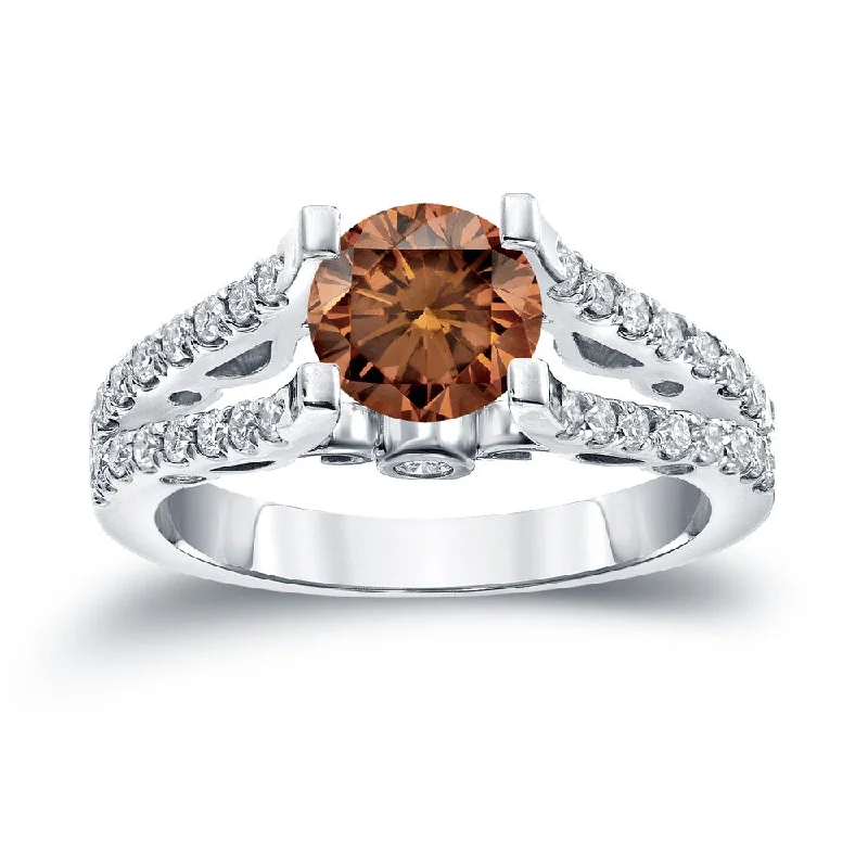 Ladies yellow gold solitaire engagement rings-Auriya Unique Split Shank 1 1/2ct TDW Round Brown Diamond Engagement Ring 14k Gold (H-I, SI1-SI2)