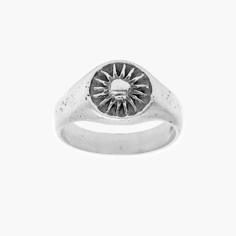 Ladies custom design rings-Hand-forged Sunburst Sterling Silver Signet Ring