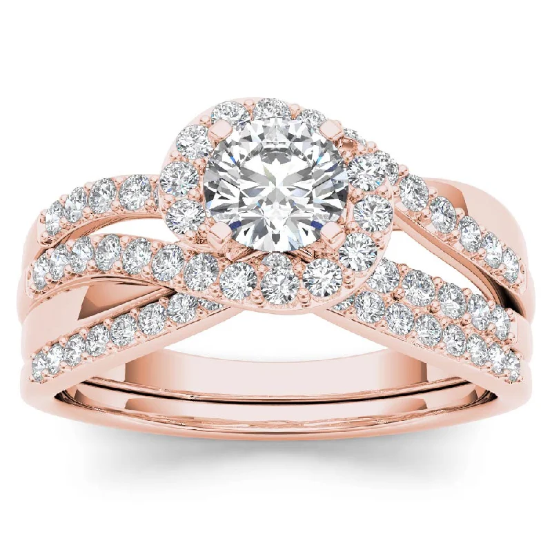 Ladies affordable diamond engagement rings-De Couer 14k Rose Gold 1ct TDW Diamond Bypass Halo Engagement Ring Set with One Band - Pink