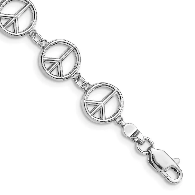 Ladies sterling silver bracelets-Curata 14k White Gold 3 d Peace Symbol Bracelet High Polish 7.5 Inch