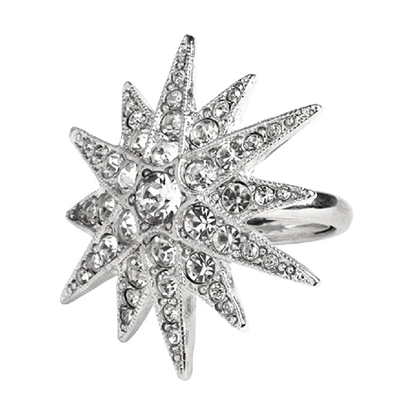 Ladies double-band rings-Silver & Crystal Flared Star Ring