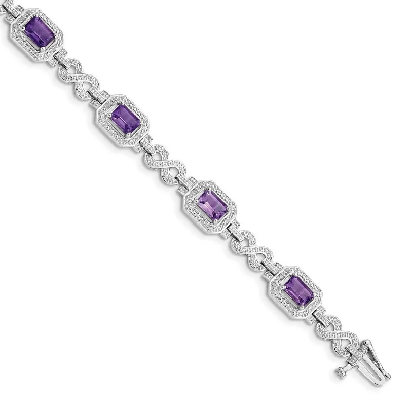 Ladies diamond bangles-Curata 925 Sterling Silver Textured Polished Box Catch Closure Diamond and Amethyst Bracelet