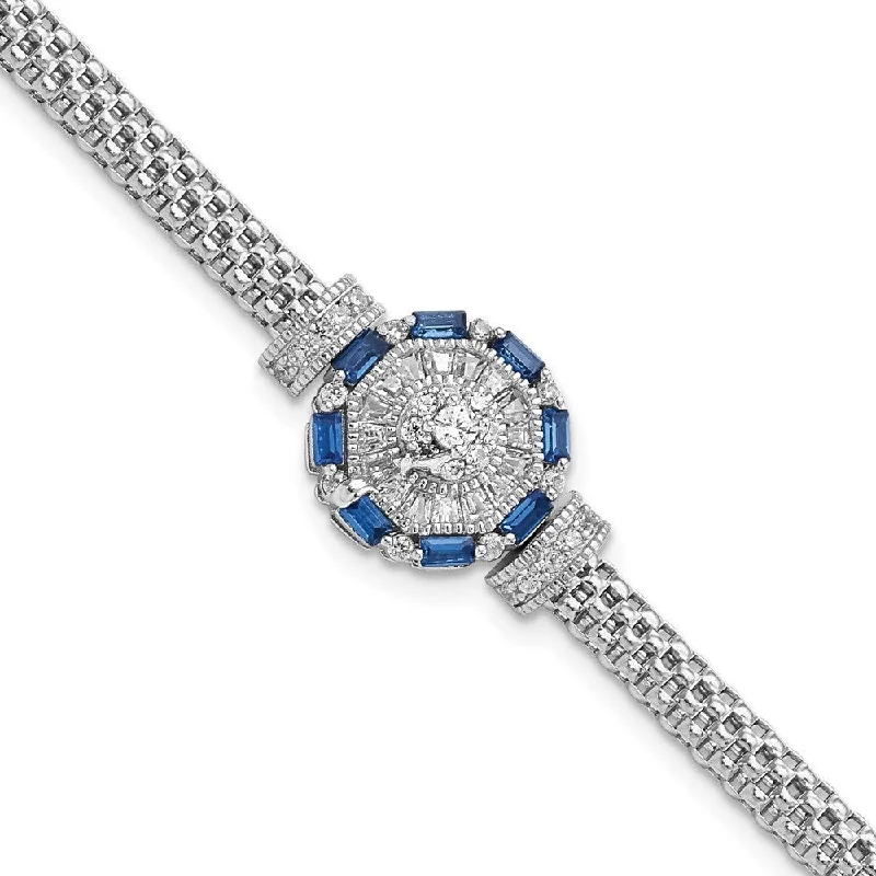 Ladies diamond bracelets-925 Sterling Silver Rhodium-plated Blue & White Cubic Zirconia Bracelet, 7" (W-3.97mm)