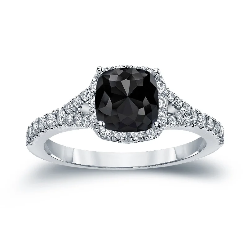 Ladies simple solitaire diamond engagement rings-Auriya 14k Gold 1 1/2ctw Cushion-cut Black Diamond Halo Engagement Ring