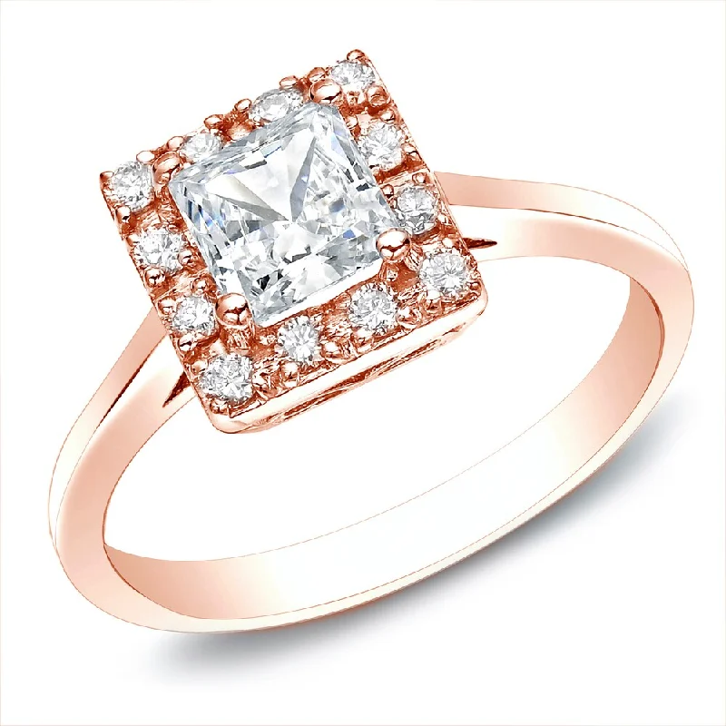 Ladies engagement rings for women-Auriya 14k Rose Gold 1/2ctw Square Princess-cut Diamond Halo Engagement Ring