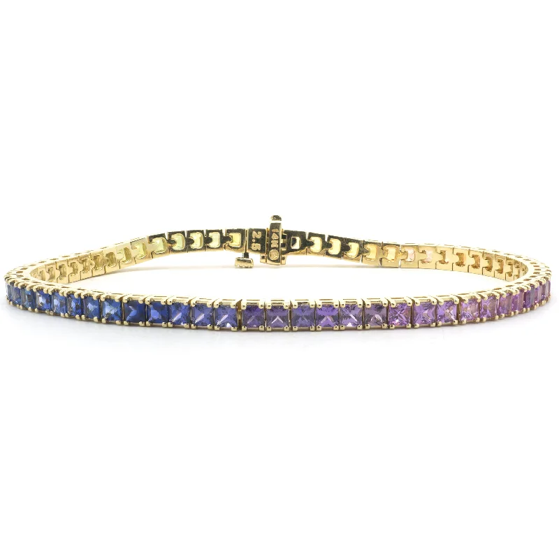 Ladies gold cuff bracelets-14 Karat Yellow Gold Rainbow Sapphire Tennis Bracelet