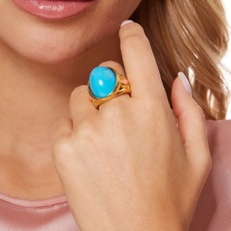 Ladies contemporary rings-Gold Ring with Turquoise Cabochon Center and Coral Cabochon Dots