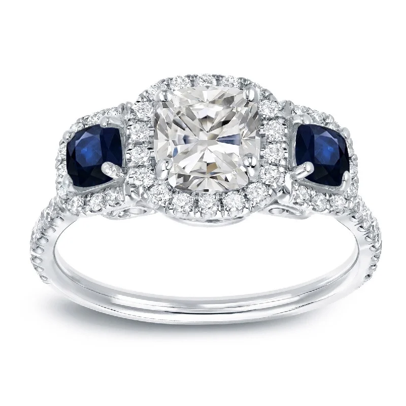 Ladies matching wedding rings and engagement rings-Auriya 14k Gold 1 1/2cttw Cushion-cut 3-Stone Diamond and Sapphire Engagement Ring (H-I, I1-I2)