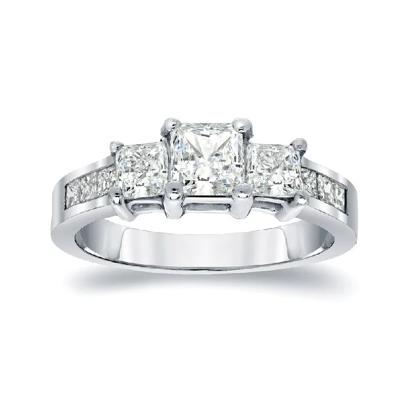 Ladies platinum three-stone engagement rings-Auriya Platinum 1 1/2 carat TW Princess-cut 3-Stone Diamond Engagement Ring