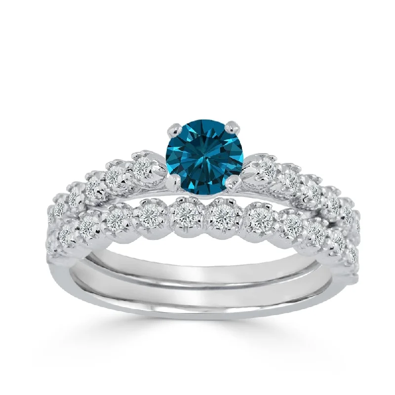 Ladies diamond halo engagement rings-Auriya Round 3/4ctw Blue Diamond Engagement Ring Set 14k Gold