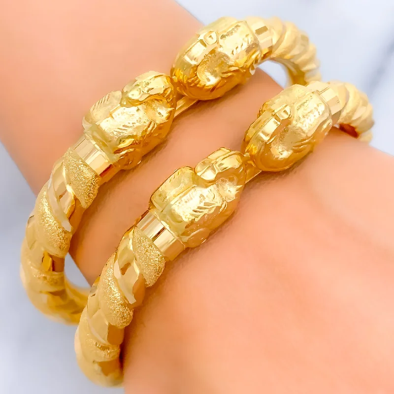 Ladies personalized bracelets-Dual Finished Elephant Faced 22k Gold Pipe Bangles