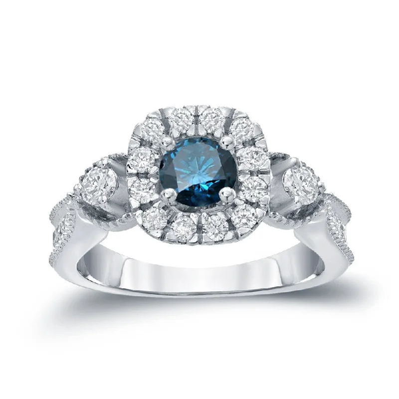 Ladies antique-style engagement rings-Auriya 1ctw 3 Stone Halo Blue Diamond Engagement Ring 14k Gold