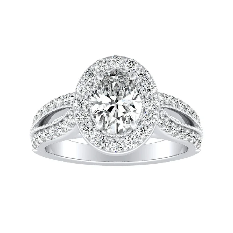 Ladies diamond engagement rings-Vintage Halo Oval Diamond Engagement Ring 1 1/4ctw Platinum by Auriya