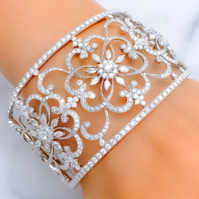 Ladies sterling silver bangles-Extravagant Floral Motif Diamond + 18k Gold Bangle Bracelet