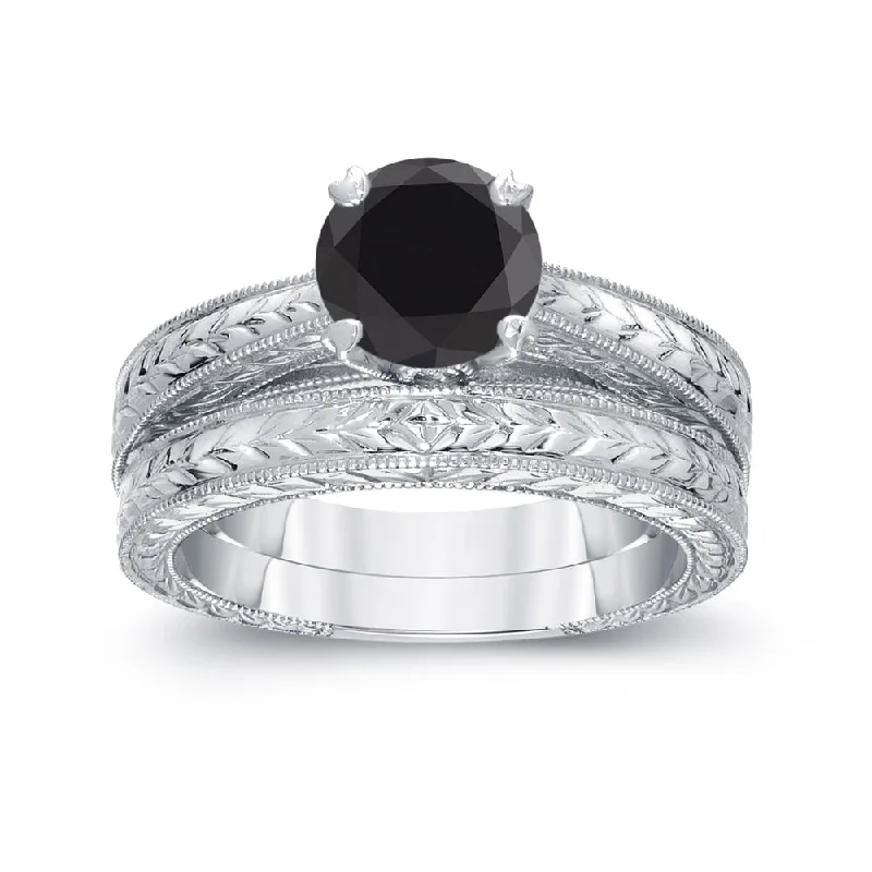 Ladies engagement rings with halo setting-Auriya Modern 1cttw Round Black Diamond Engagement Ring Set 14k White Gold