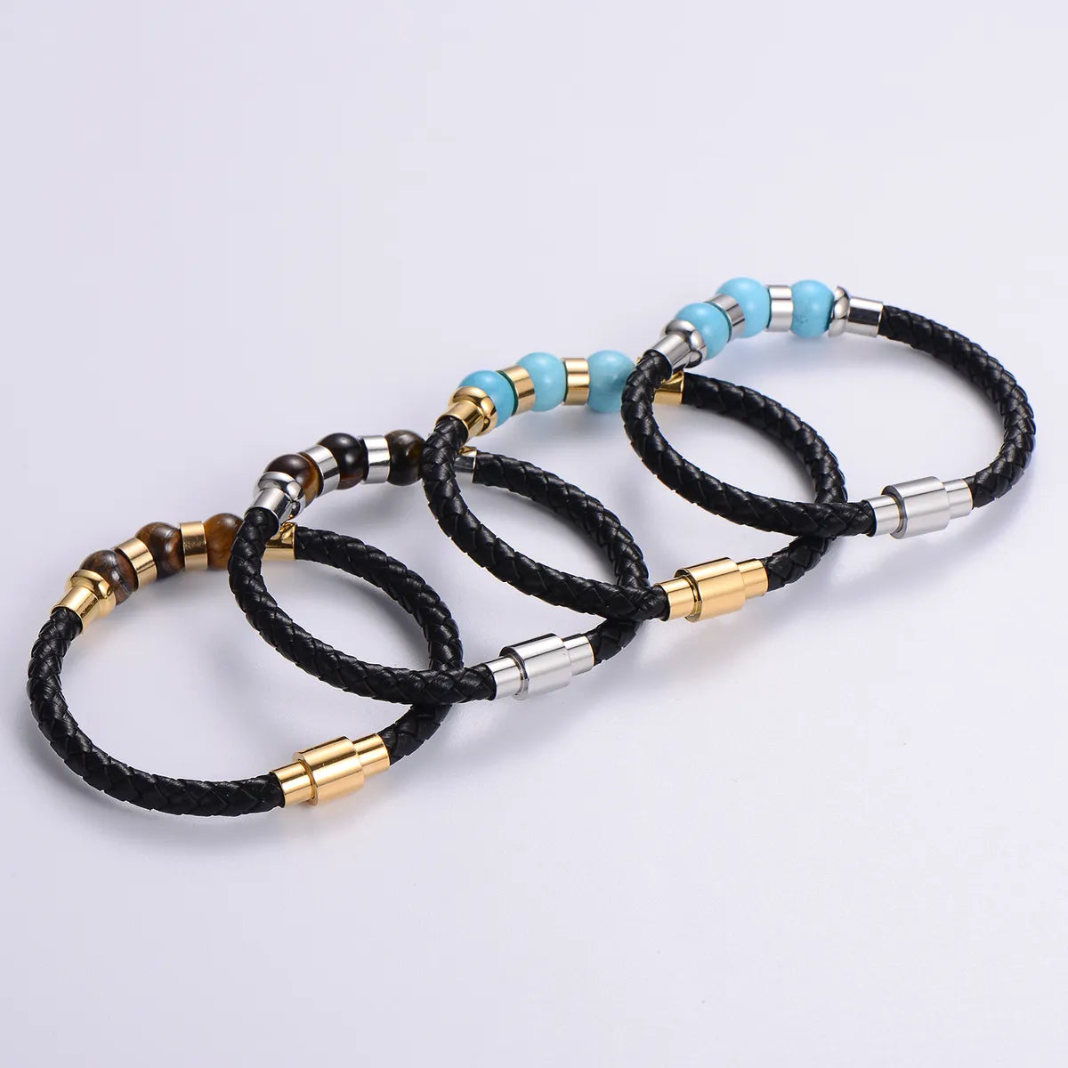 Ladies wire bangle bracelets-Casual Multicolor Stainless Steel Pu Leather Natural Stone Beaded Plating Braid 24k Gold Plated Wristband Bracelets