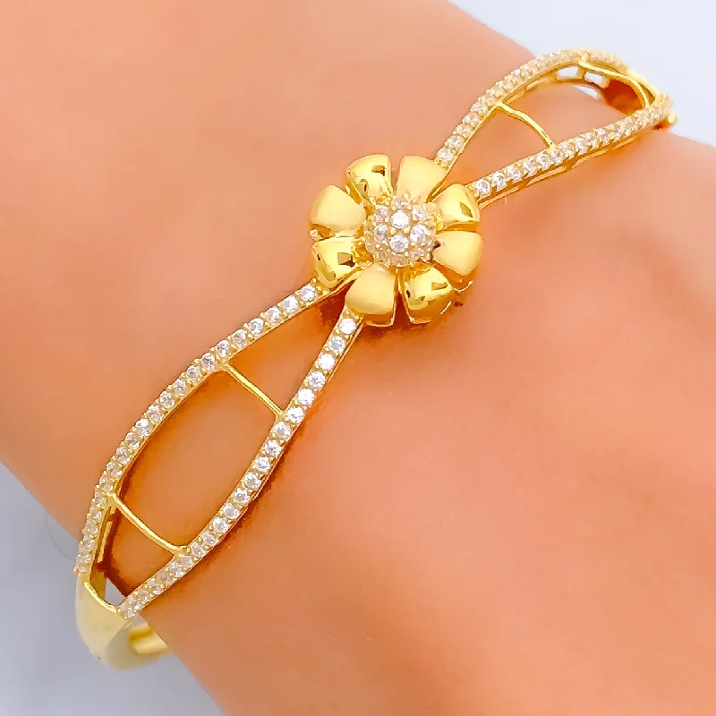 Ladies adjustable bracelets-Delightful Flower 22k Gold CZ Bangle Bracelet