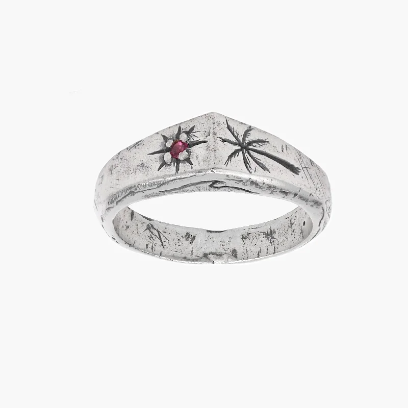 Ladies diamond solitaire rings-Palm Tree And Garnet Gemstone Sterling Silver Ring