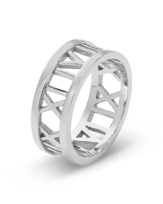 Ladies fashion rings-Sterling Silver Roman Numeral Band Ring