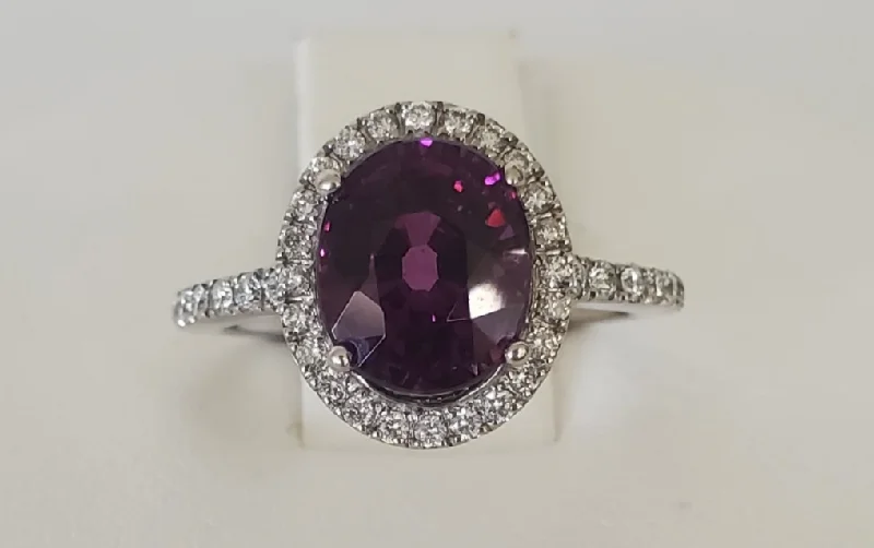 Ladies three-stone rings-14kt White Gold Purple Garnet Halo Ring