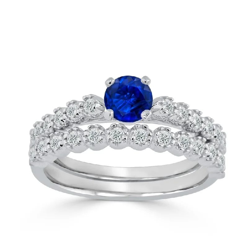 Ladies bespoke engagement rings-Auriya 3/8ct Blue Sapphire and 1/8 TDW Diamond Engagement Ring Set 14k Gold