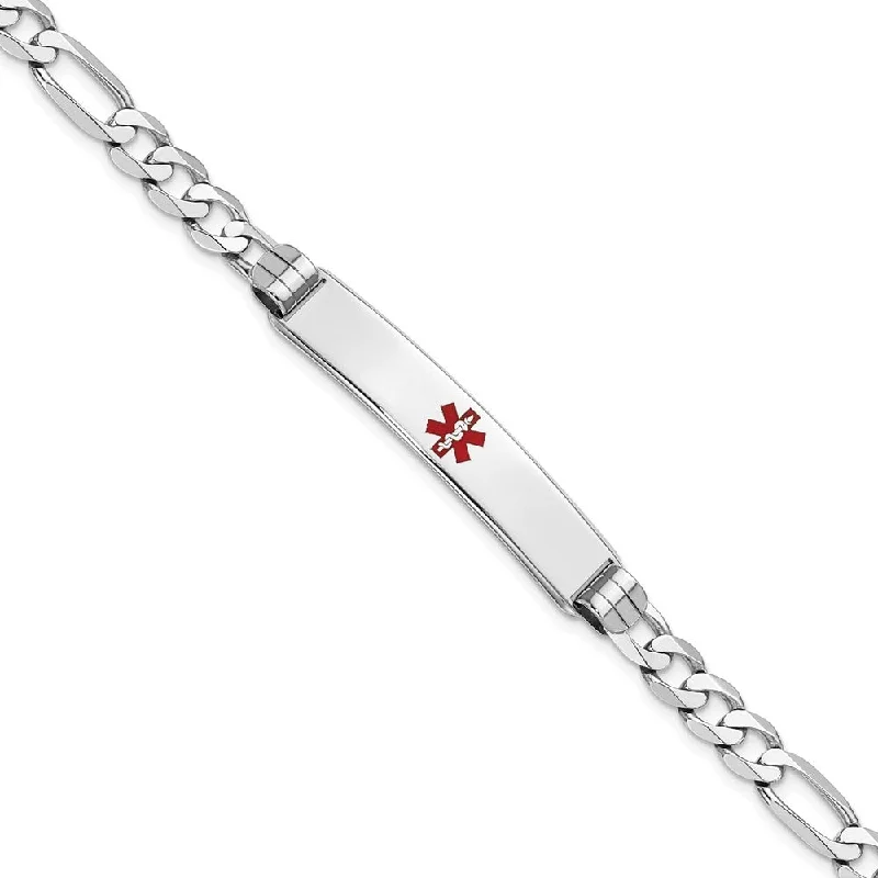 Ladies elegant silver bangles-14k White Gold 7.5mm Medical Red Enamel Figaro Link ID Bracelet, 8"