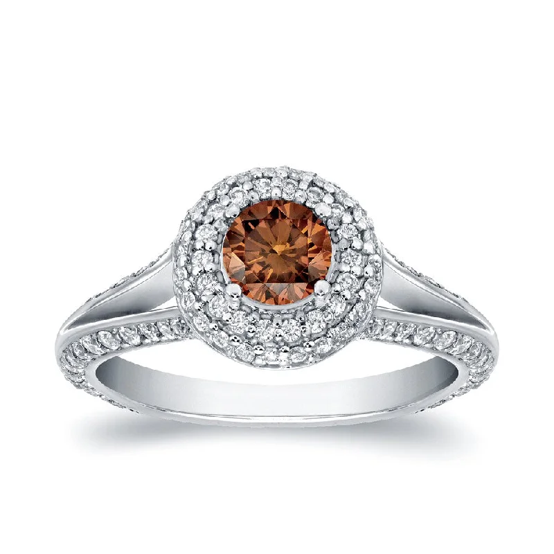 Ladies cushion-cut diamond engagement rings-Auriya Modern Double Edge 1 1/2ct TDW Brown Diamond Halo Engagement Ring 14k White Gold