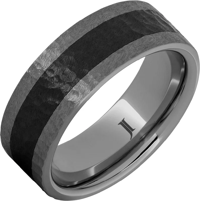 Ladies fancy diamond rings-Rugged Tungsten™ Ring With Black Ceramic Inlay and Hand Carved Hammer Finish