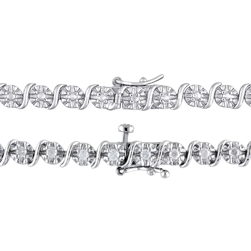 Ladies dainty bracelets-Miadora 1 1/2ct TDW Diamond Tennis Bracelet Necklace Set Sterling Silver