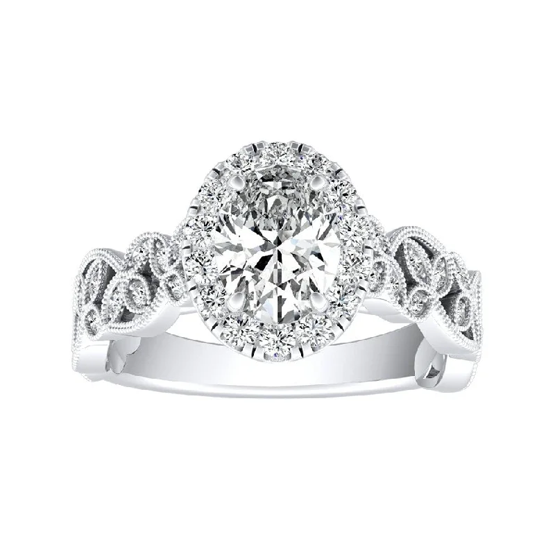 Ladies diamond halo engagement rings-Vintage Floral Vine Halo Oval Diamond Engagement Ring 1 1/4ctw Platinum by Auriya