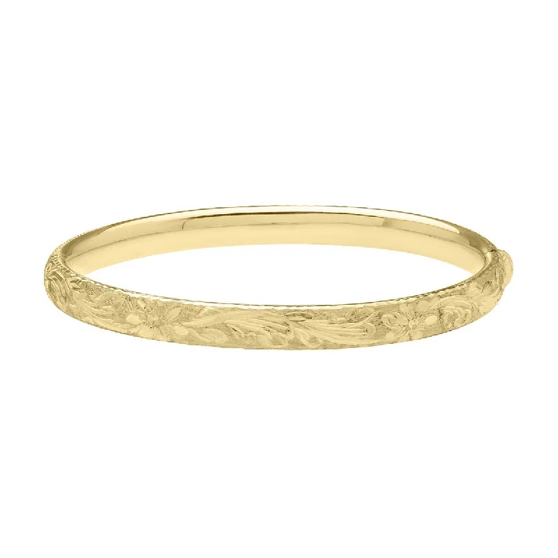 Ladies fancy bangles-Flower Engraved 14k Gold Bangle Bracelet