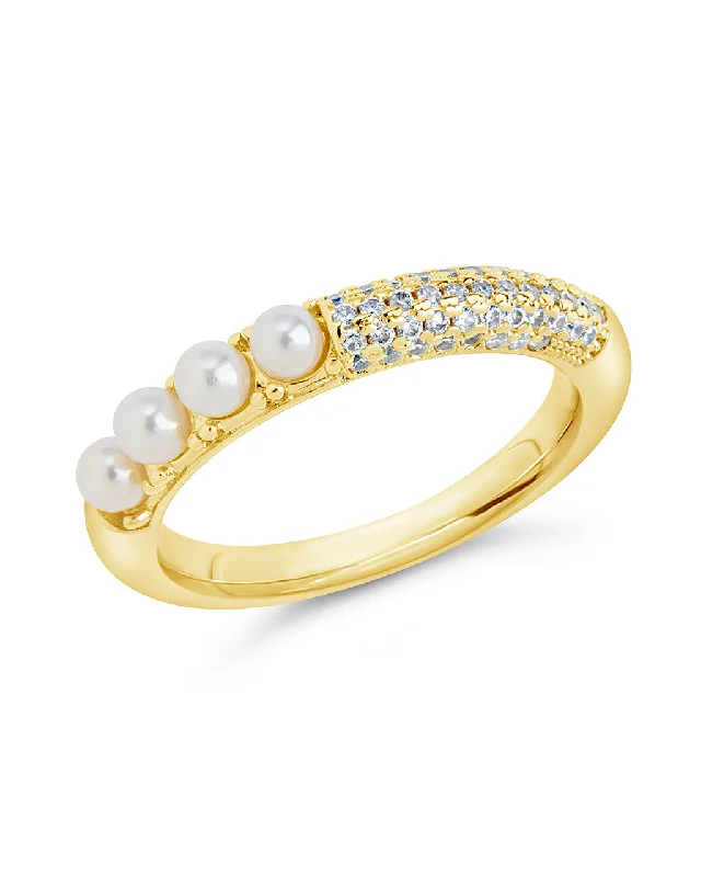 Ladies vintage wedding rings-Evelyn CZ & Pearl Eternity Band Ring