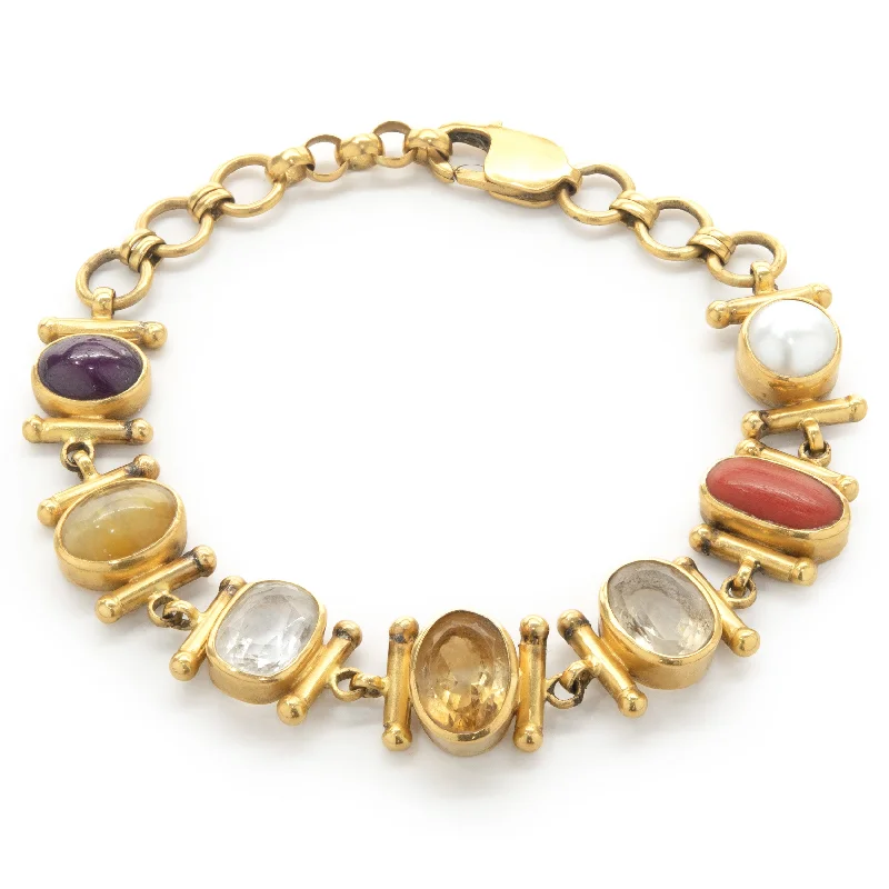 Ladies romantic charm bracelets-21 Karat Yellow Gold Bezel Set Multi Gemstone Ornate Link Bracelet