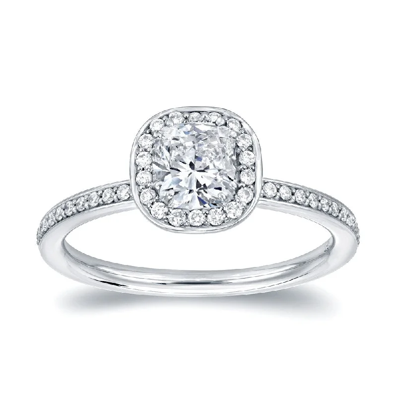 Ladies diamond engagement rings with matching band-Auriya 4/5ctw Cushion-cut Halo Diamond Engagement Ring Platinum